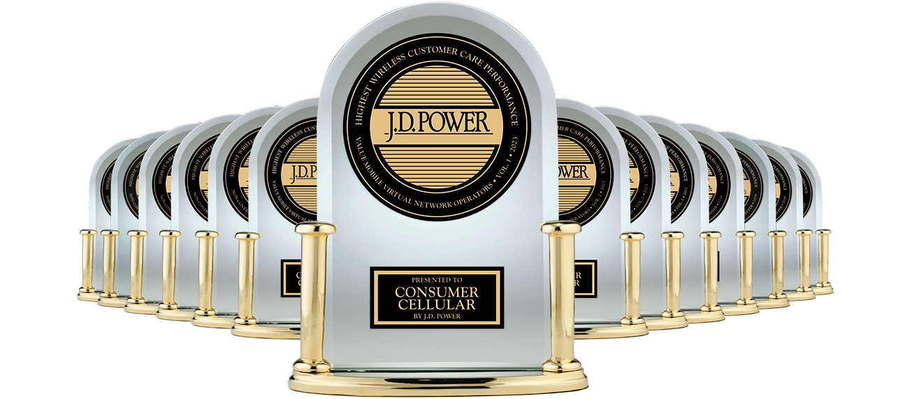 Trophies for Consumer Cellular's J.D. Power awards for top-rated customer service.